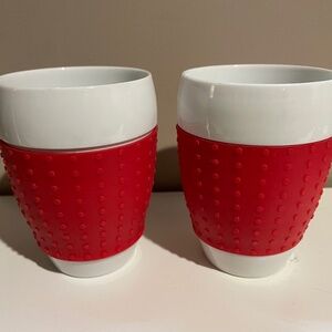 2 Bodum Pavina White Porcelain Tumbler Mug Cup Red Silicone Sleeve 12 oz